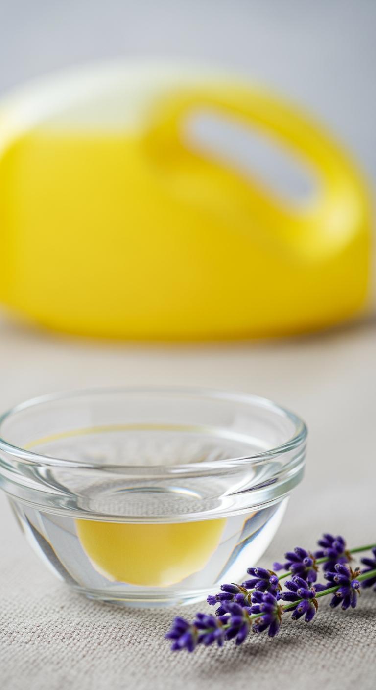 Un bol de vinaigre blanc et de la lavande au premier plan, avec une bouteille de détergent floue en arrière-plan, symbolisant le bon et le mauvais choix.