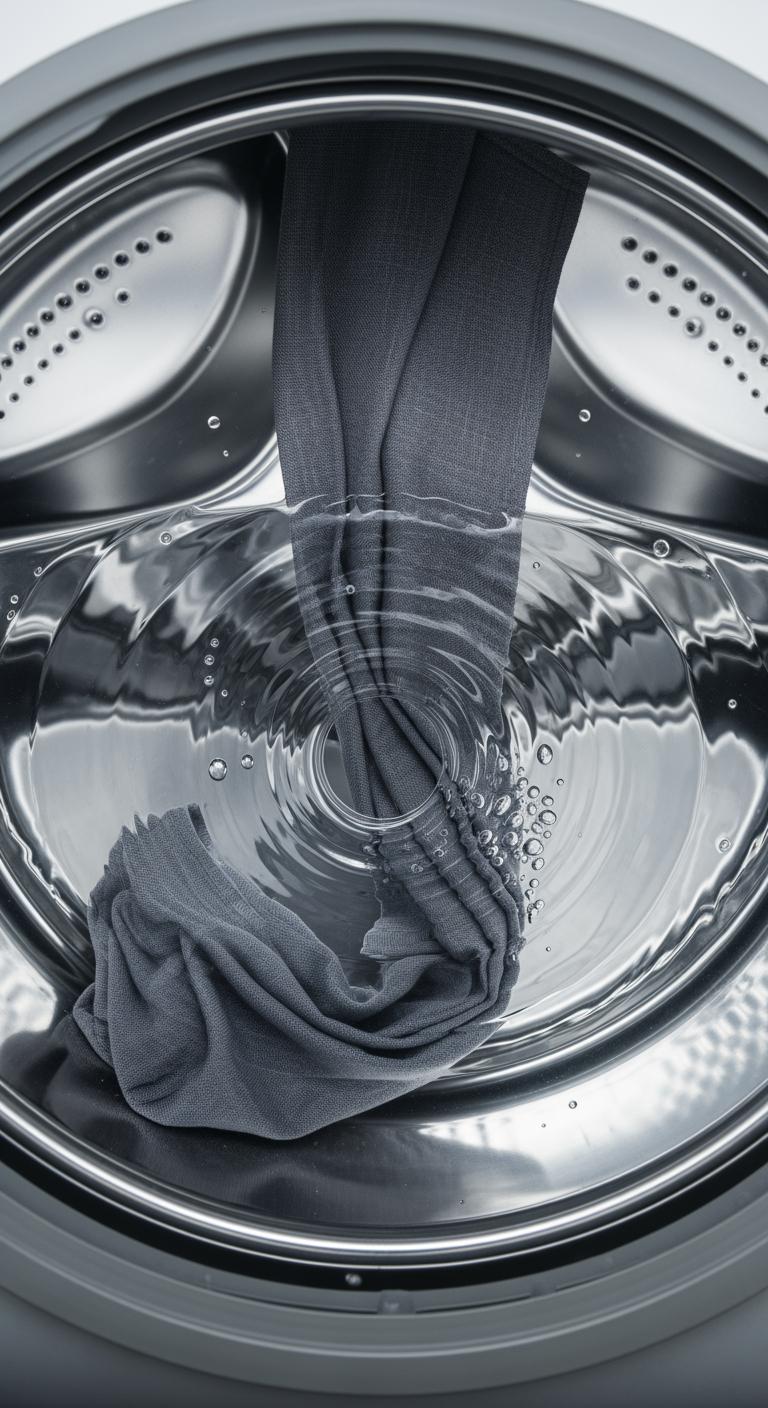 Vue artistique de l'intérieur d'une machine à laver où un drap neuf est lavé en douceur dans de l'eau claire.