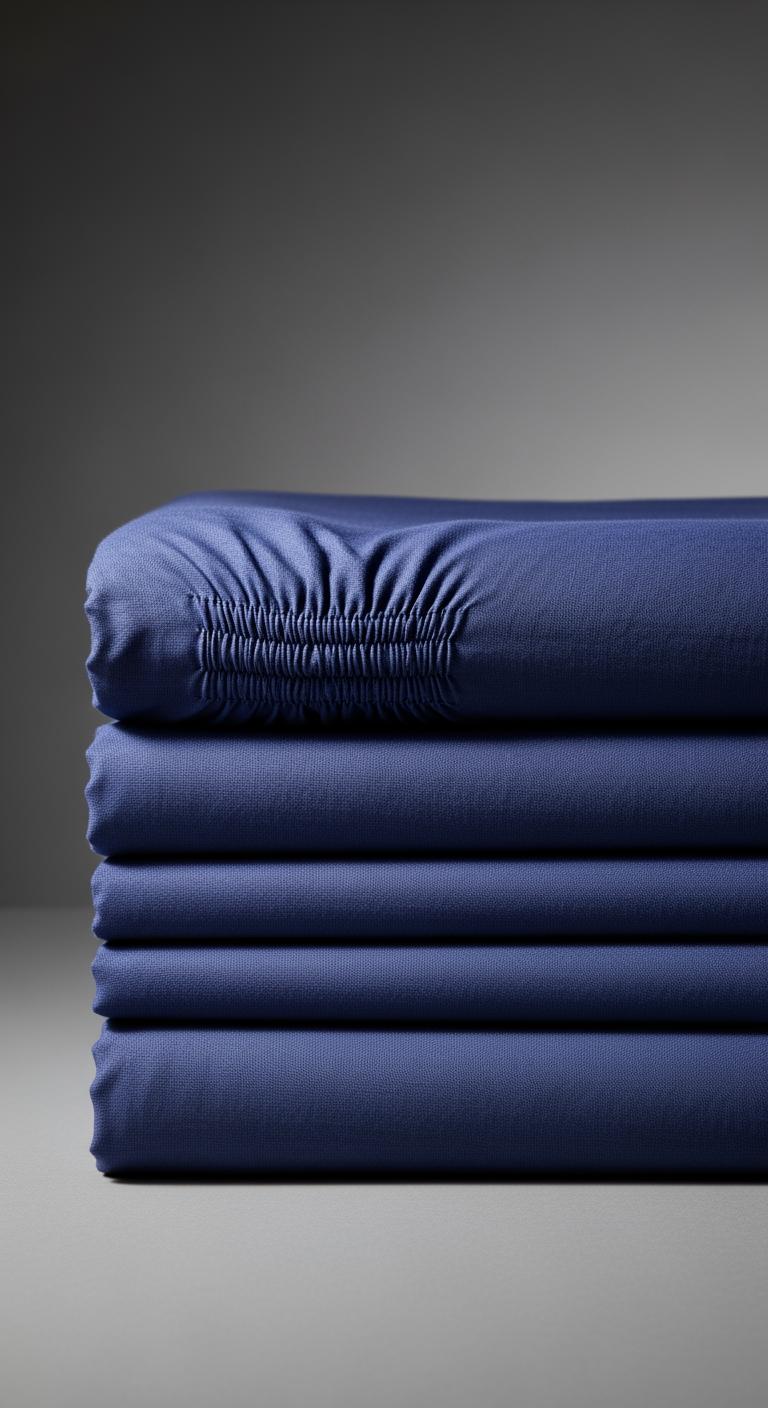 Une pile de draps en lin dont un coin est visiblement resserré, illustrant le phénomène de retrait du tissu.