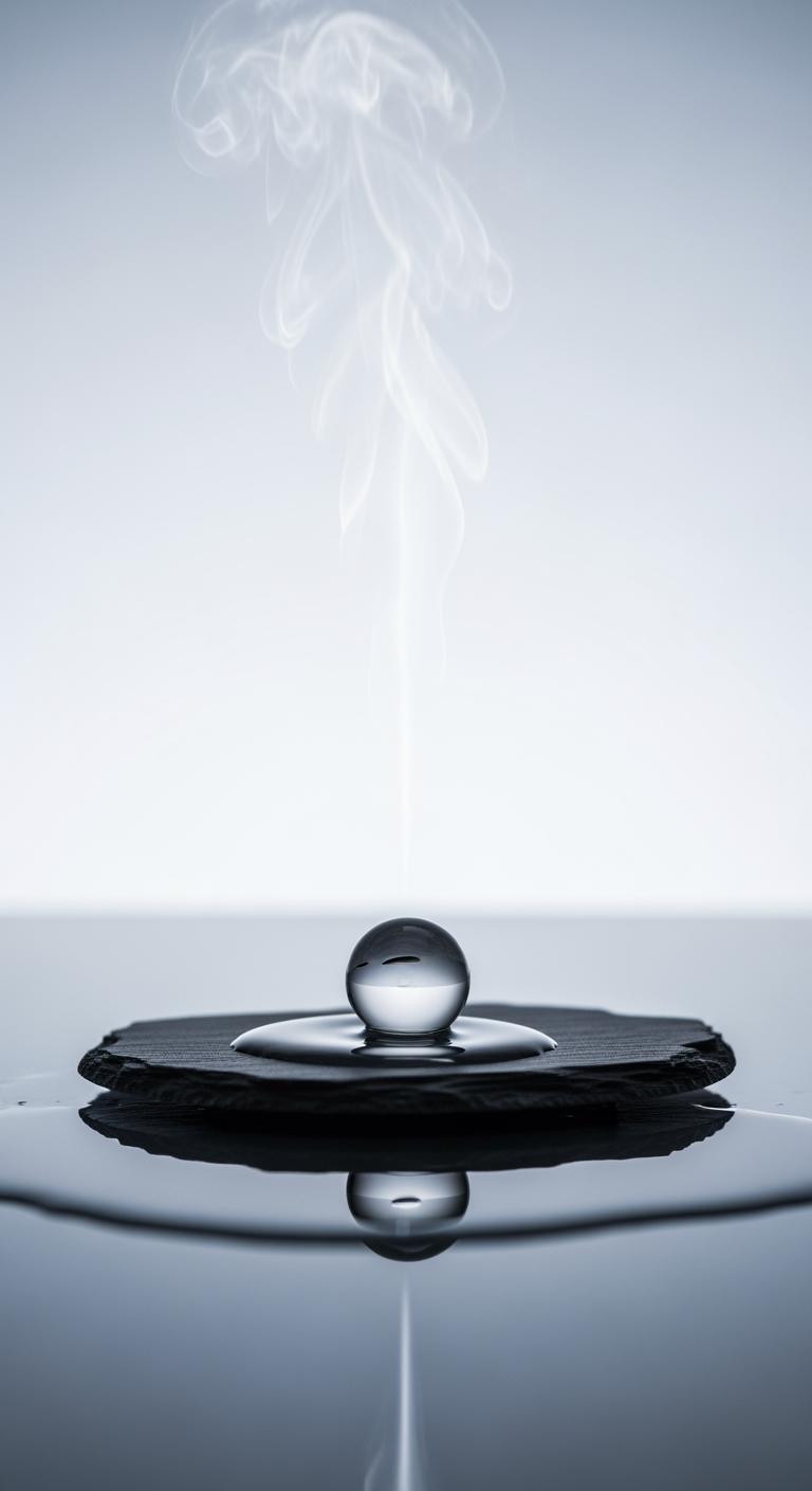 Composition abstraite et zen représentant une goutte d'eau suspendue et un filet de vapeur, évoquant l'entretien délicat du linge.