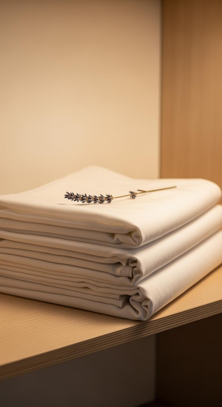 Une pile de draps blancs parfaitement pliés, posée sur une étagère en bois avec un brin de lavande, représentant un linge bien entretenu.