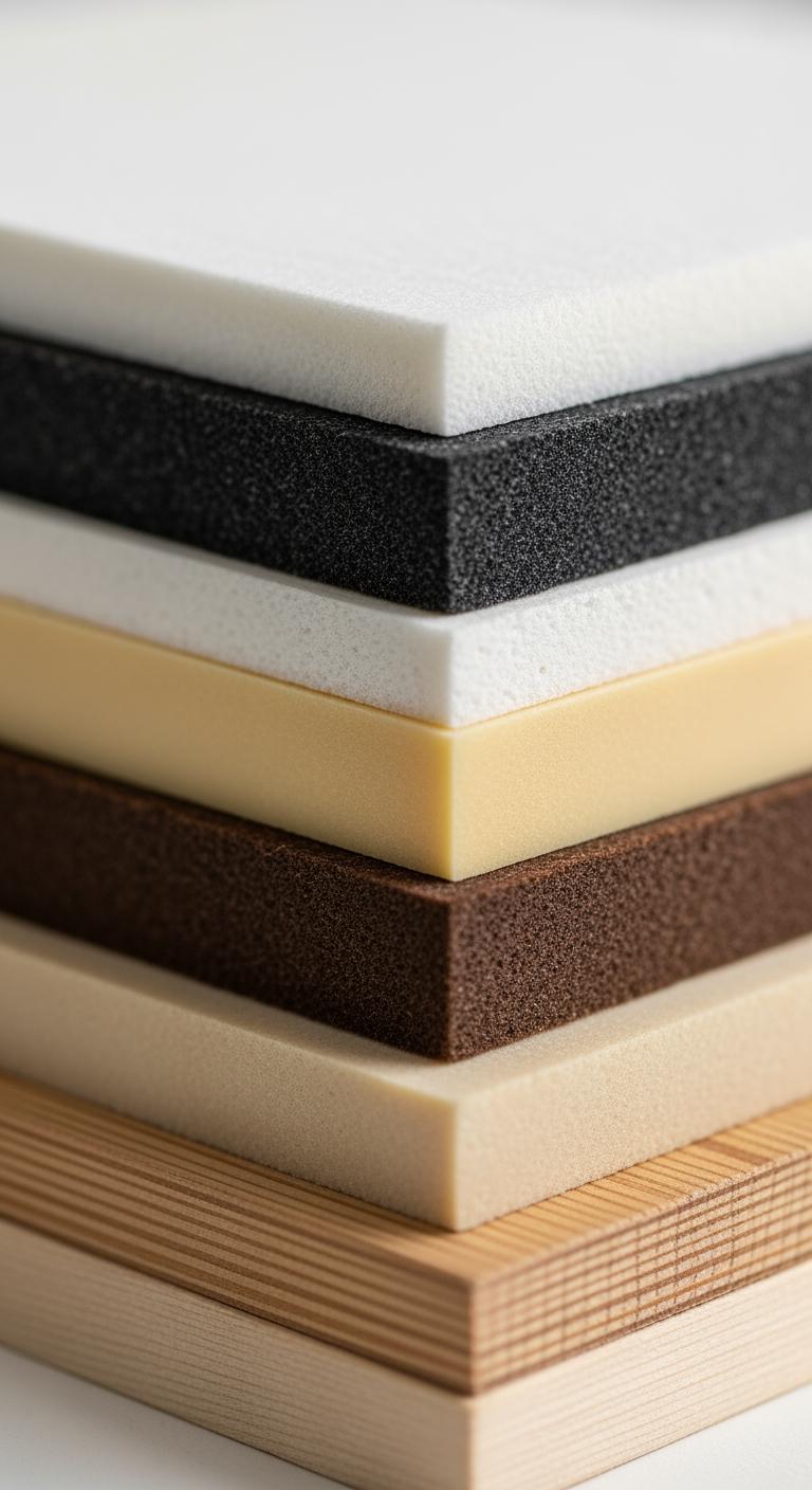 Gros plan sur une pile de différentes couches de matériaux texturés, symbolisant la hauteur d'oreiller ajustable.