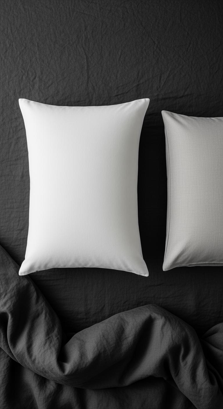 Vue de dessus d'un oreiller parfaitement choisi sur un lit élégant, symbolisant la décision finale et le confort.
