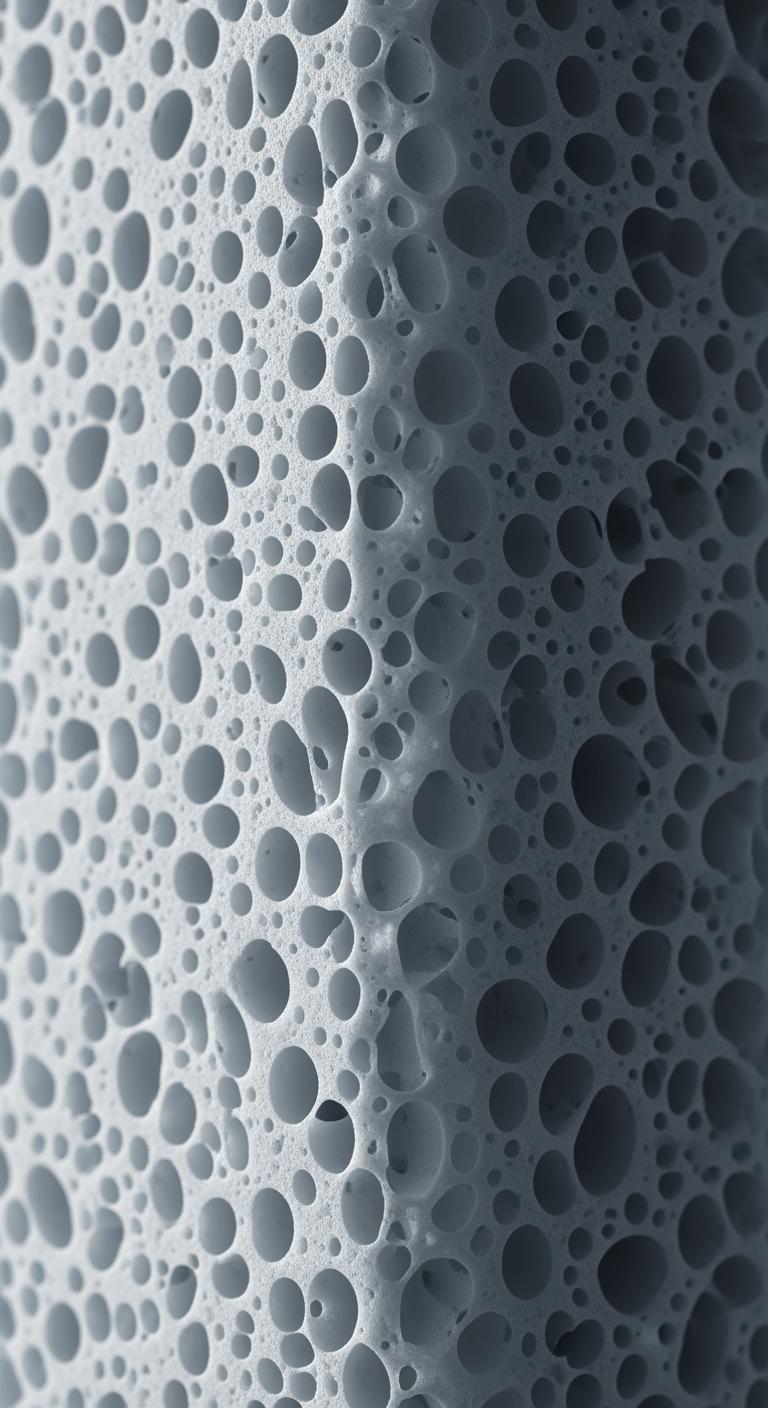 Vue macro de la structure interne d'une mousse à mémoire de forme, montrant sa texture cellulaire complexe.