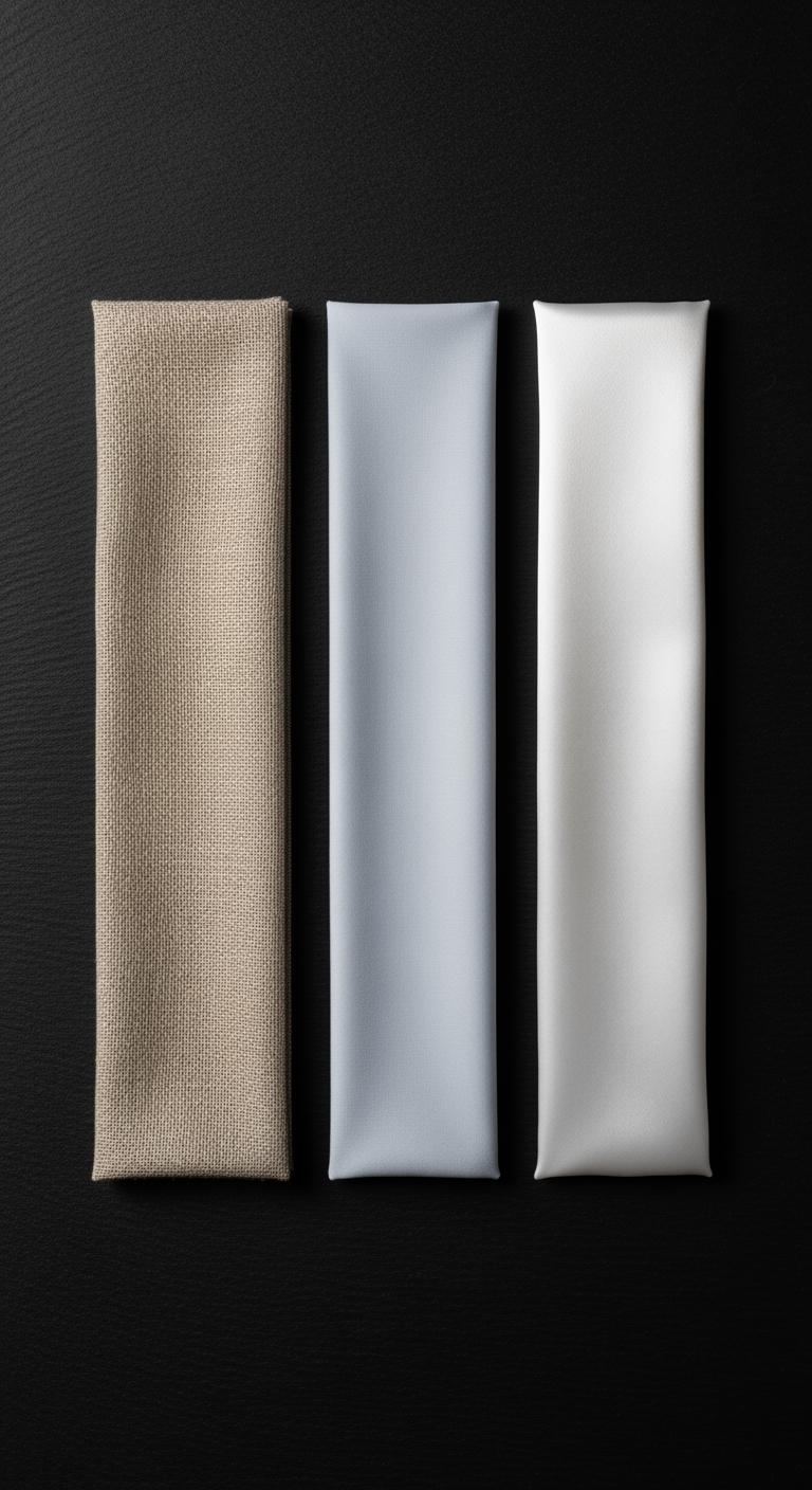 Comparatif visuel de trois échantillons de tissu pour draps : lin texturé, percale mate et satin soyeux, disposés côte à côte.