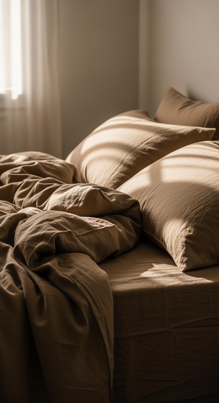 Un lit parfaitement fait avec des draps en lin de haute qualité, baigné dans une lumière matinale douce, symbolisant le confort et le luxe.