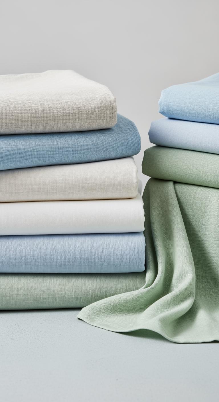 Comparatif visuel de plusieurs piles de draps pliés : lin, percale et Lyocell, chacun montrant sa texture unique sur un fond neutre.