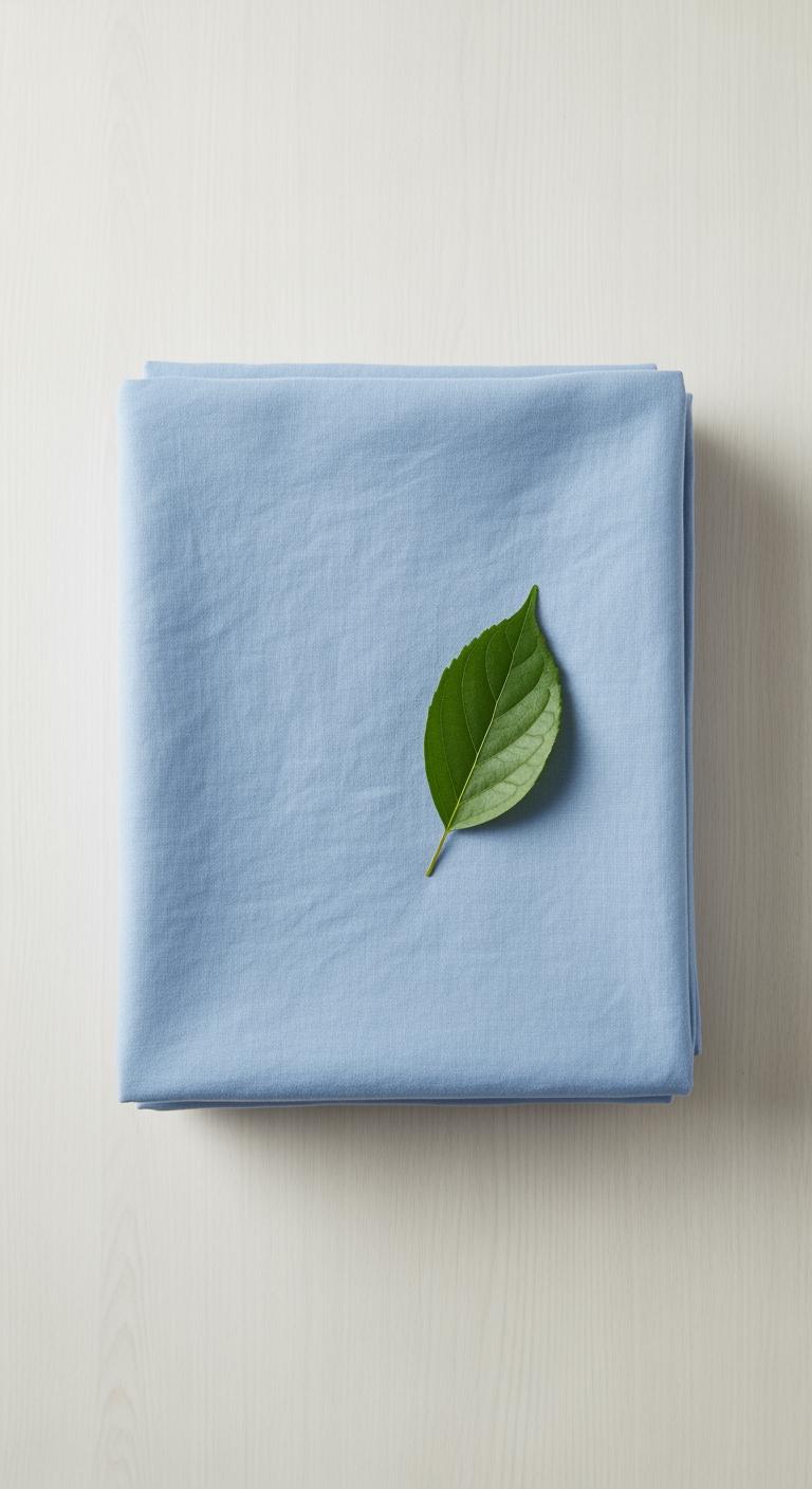 Vue de dessus d'un ensemble de draps en lin bleu clair, parfaitement plié sur une surface en bois, symbolisant le choix final pour la fraîcheur.