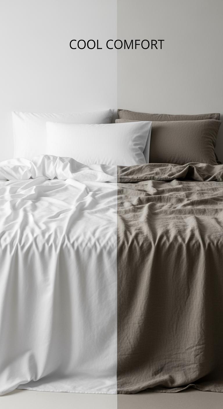 Un lit fait à moitié avec des draps en percale de coton nette et à moitié avec des draps en lin texturé, illustrant le choix de matière.