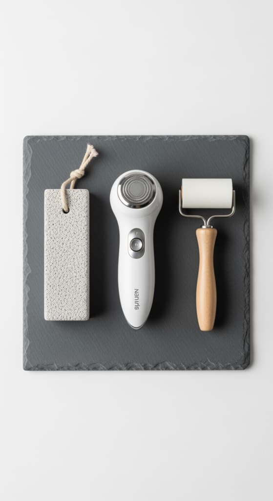 Nature morte d'outils anti-peluches, incluant un rasoir à bouloches électrique, une pierre ponce et un rouleau adhésif.