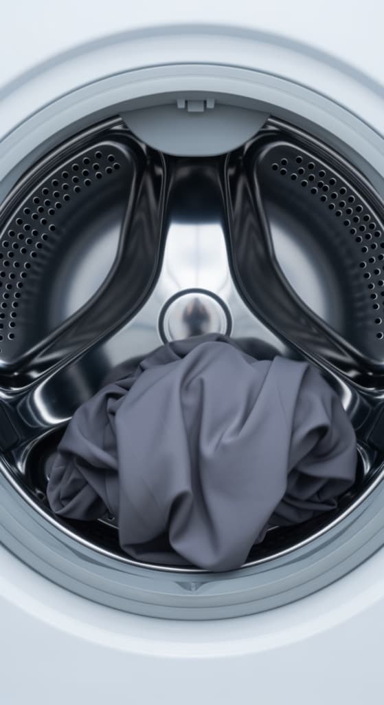 Vue intérieure d'un tambour de machine à laver moderne où un drap tourne doucement, symbolisant un cycle de lavage délicat.