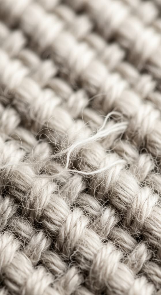 Vue abstraite et rapprochée de fibres textiles entrelacées, dont certaines sont effilochées, illustrant la cause des bouloches.