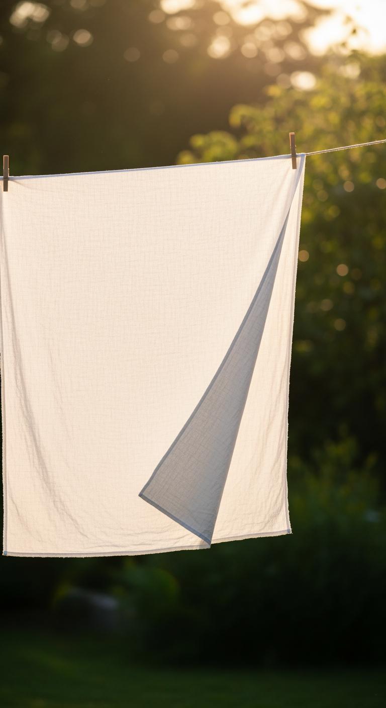 Un drap en lin blanc séchant à l'air libre sur une corde à linge dans un jardin, baigné par la lumière chaude du soleil couchant.
