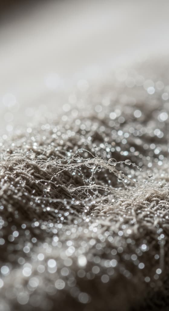 Une photo macro de gouttelettes d'eau sur des fibres de lin, représentant le processus de réhydratation pour détendre un tissu rétréci.