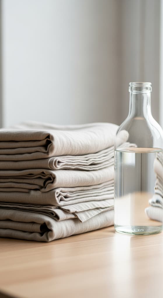 Une pile de draps en lin pliés à côté d'une bouteille en verre de détergent doux, symbolisant la préparation pour un lavage délicat.