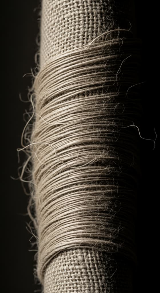 Une vue macro abstraite montrant la différence entre des fibres de lin détendues et des fibres de lin resserrées et rétrécies.