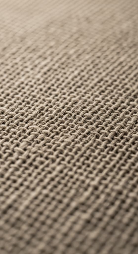 Gros plan en macro sur la texture et le tissage d'un tissu en lin naturel, mettant en valeur ses fibres respirantes.