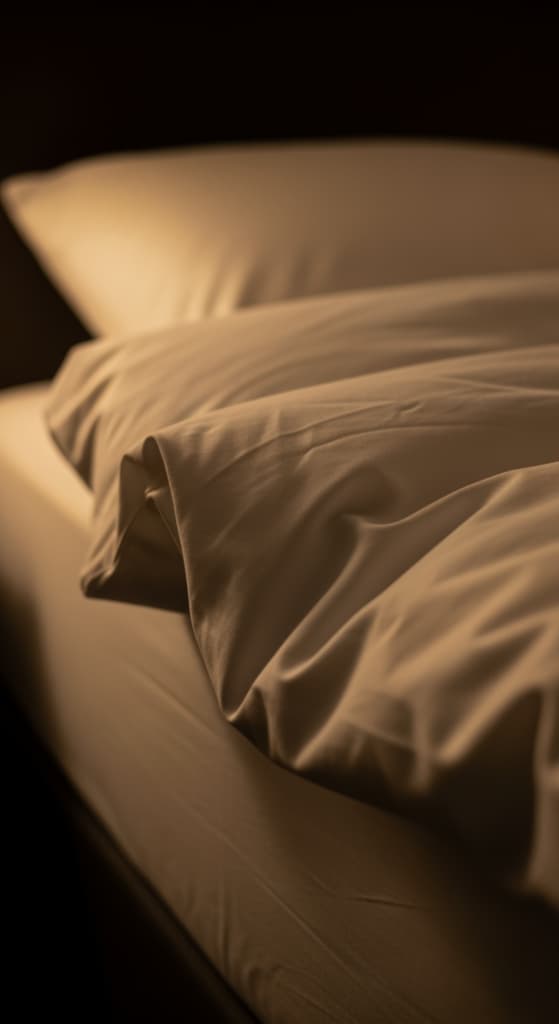 Gros plan sur le coin d'un lit invitant, avec une couette et un oreiller moelleux dans une lumière chaude et tamisée.