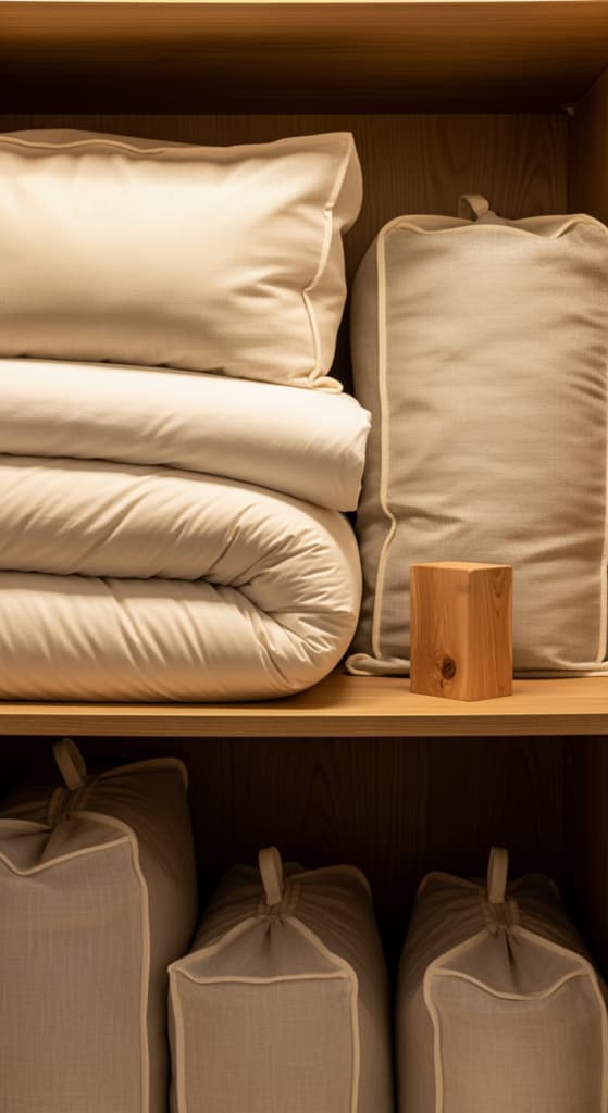 Intérieur d'un placard à linge bien organisé avec des couettes et des draps rangés dans des sacs de rangement.
