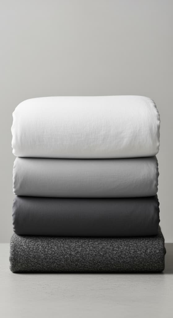 Une pile de linge de lit plié représentant les différentes saisons, du lin léger à la flanelle épaisse.