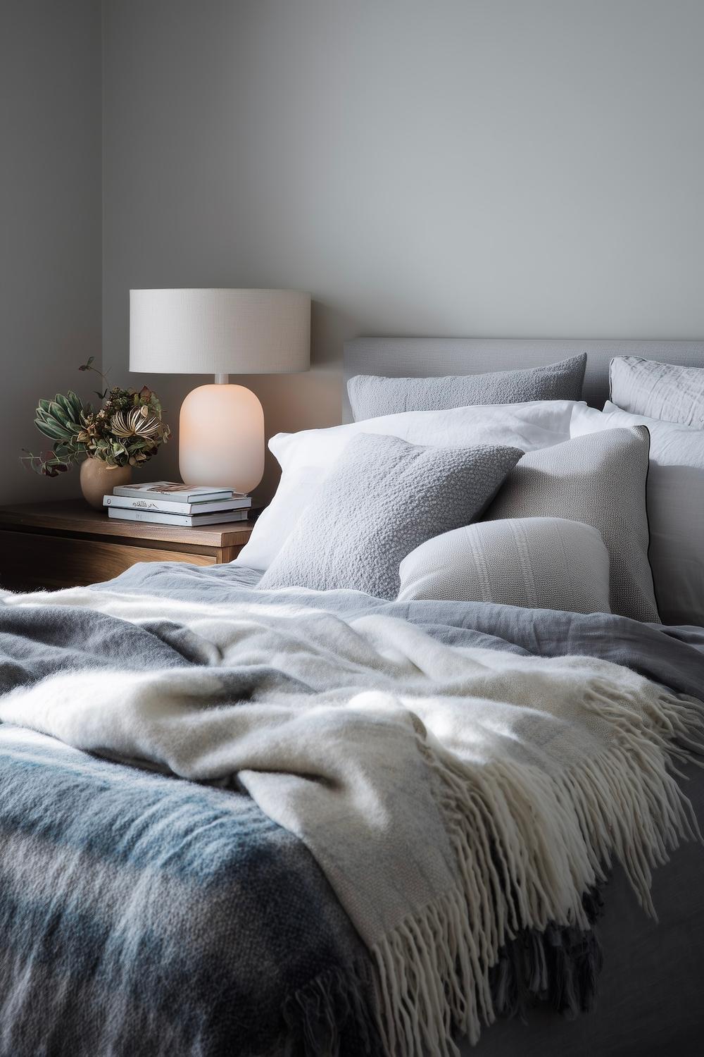 linge lit hiver chambre grise plaid laine