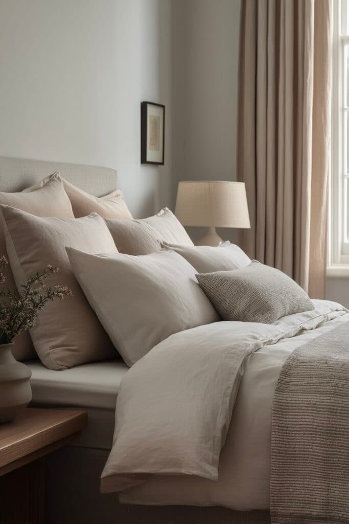 lit beige élégant coussins naturels chambre lumineuse