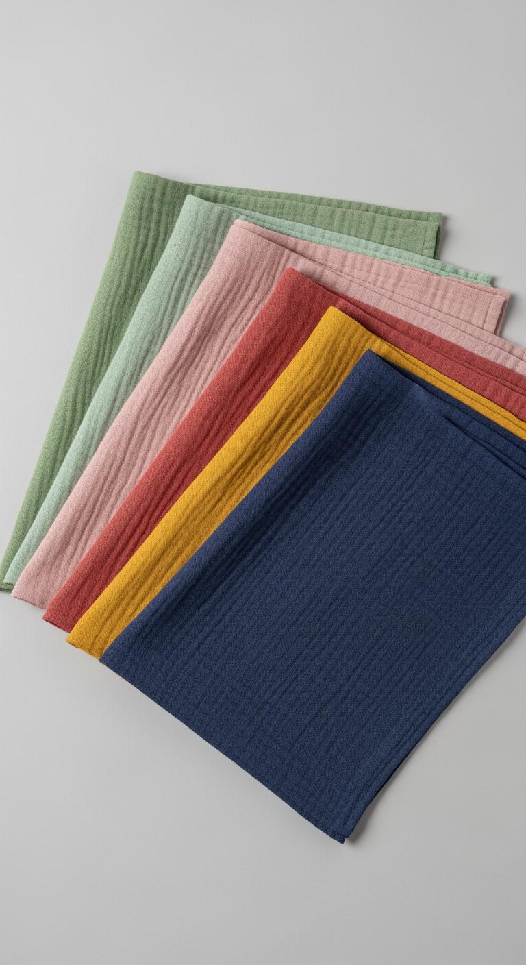Échantillons de tissus en lin double gaze arrangés en éventail, présentant une palette de couleurs tendance : vert sauge, rose poudré et ocre.