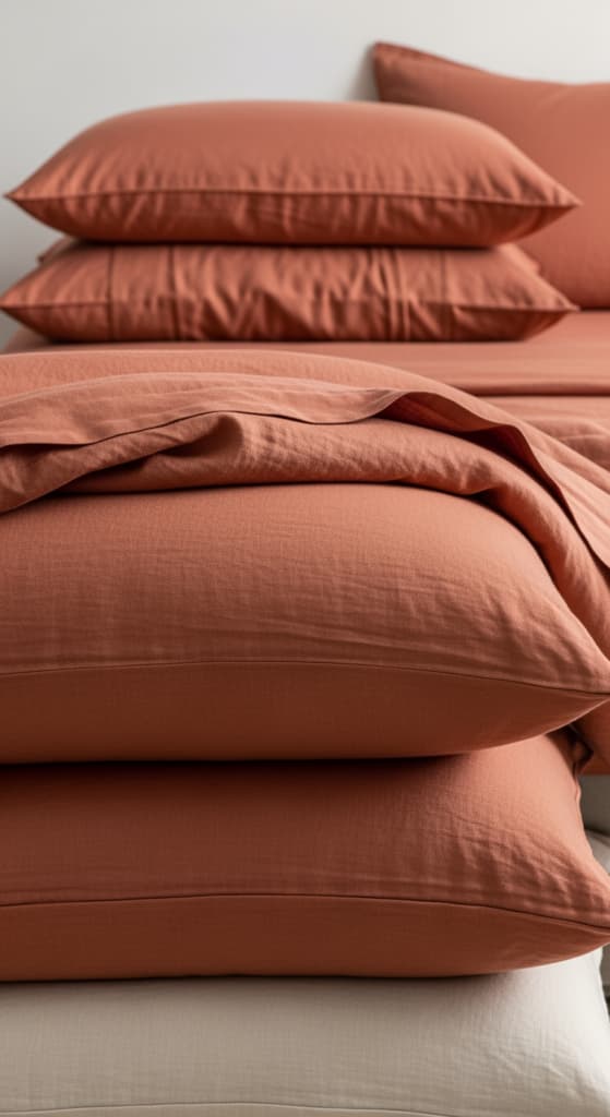 Superposition de plusieurs oreillers et d'une couette en lin double gaze sur une tête de lit, illustrant la technique de superposition.