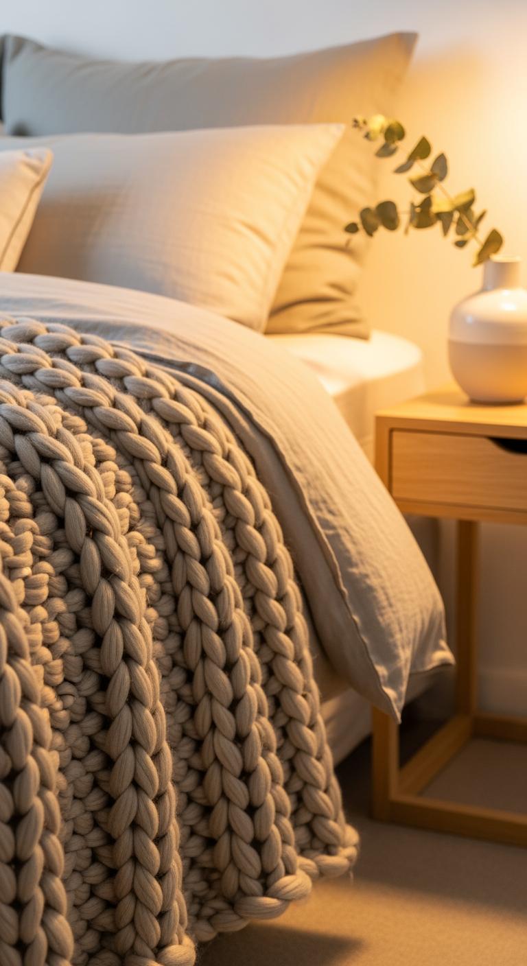 Un plaid en tricot et un vase en céramique posés à côté d'un lit en lin, montrant des accessoires décoratifs.