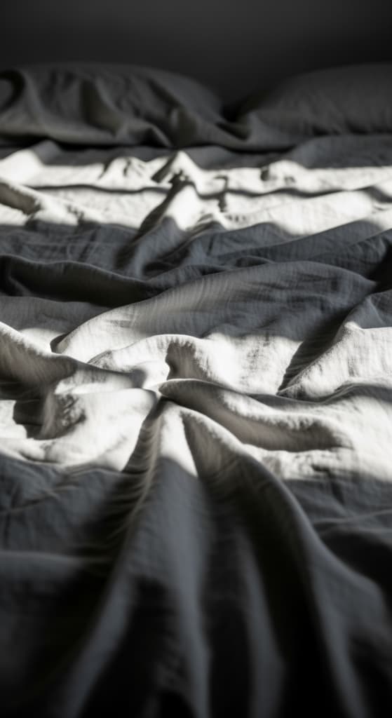 Vue en contre-plongée d'une couette en lin double gaze, mettant en valeur son aspect froissé chic avec un jeu d'ombres et de lumière.