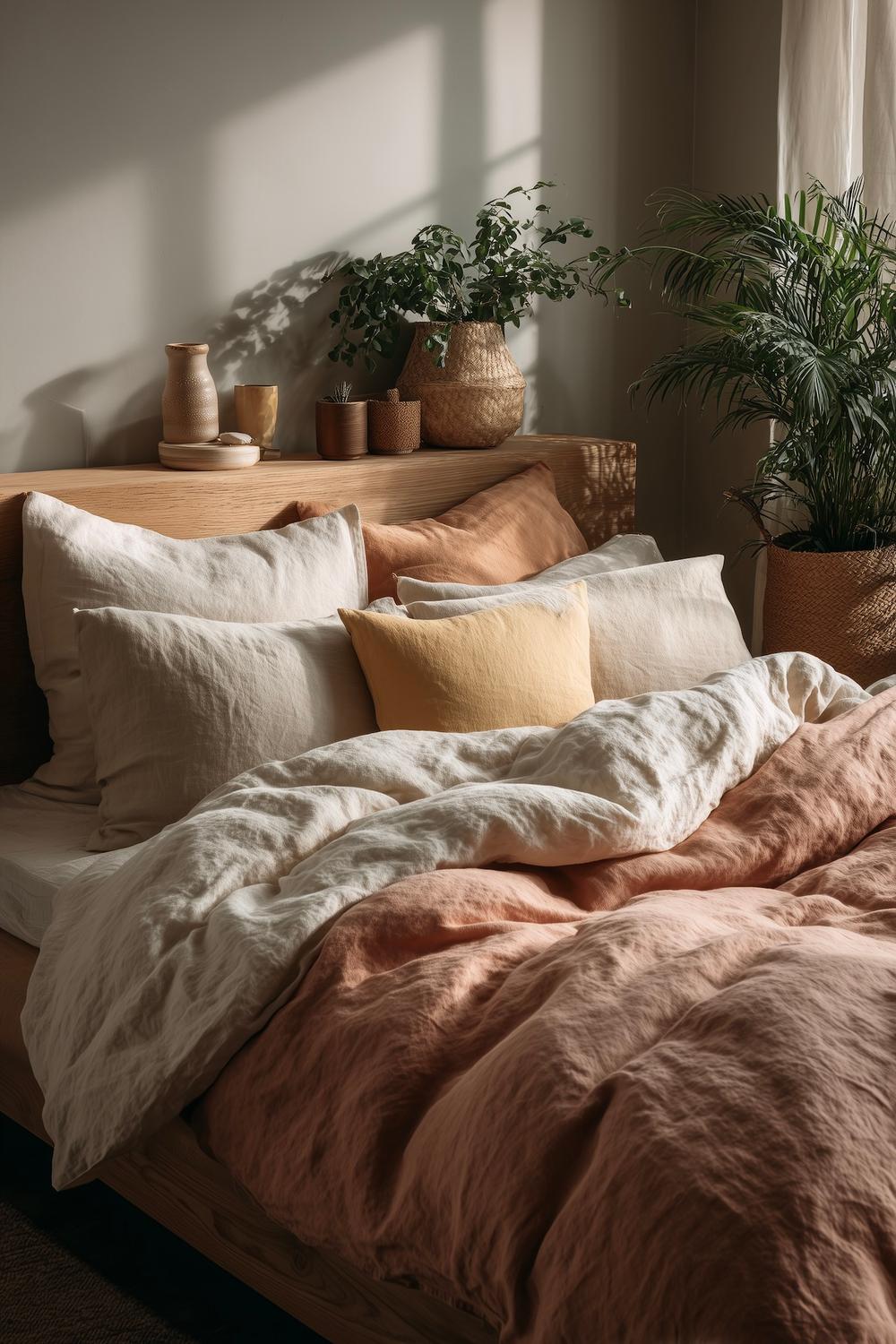 housse couette lin couleurs fades rose bicolore