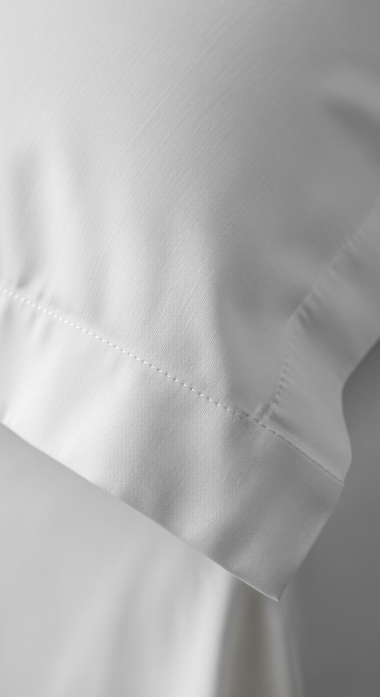 Gros plan sur la couture et le tissage d'un drap de lit de haute qualité, illustrant un détail technique.