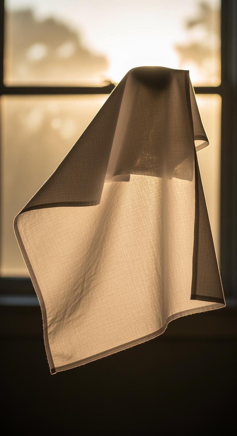 Un drap de percale blanc flottant devant une fenêtre, la lumière le traversant pour montrer sa légèreté et sa respirabilité.