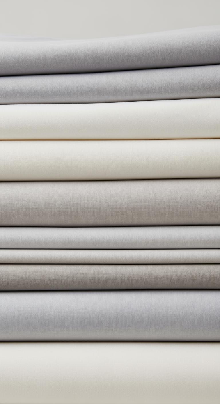 Une pile de draps en percale de différentes couleurs neutres, pliés avec précision pour montrer leurs bords nets.