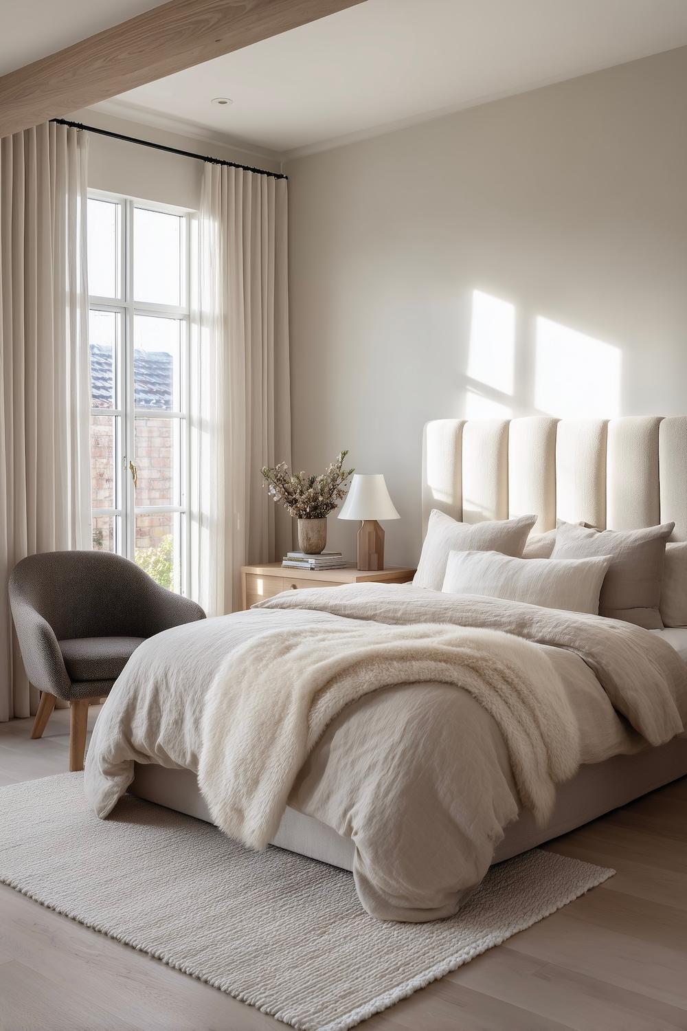 chambre beige tête lit capitonnée boudin velours