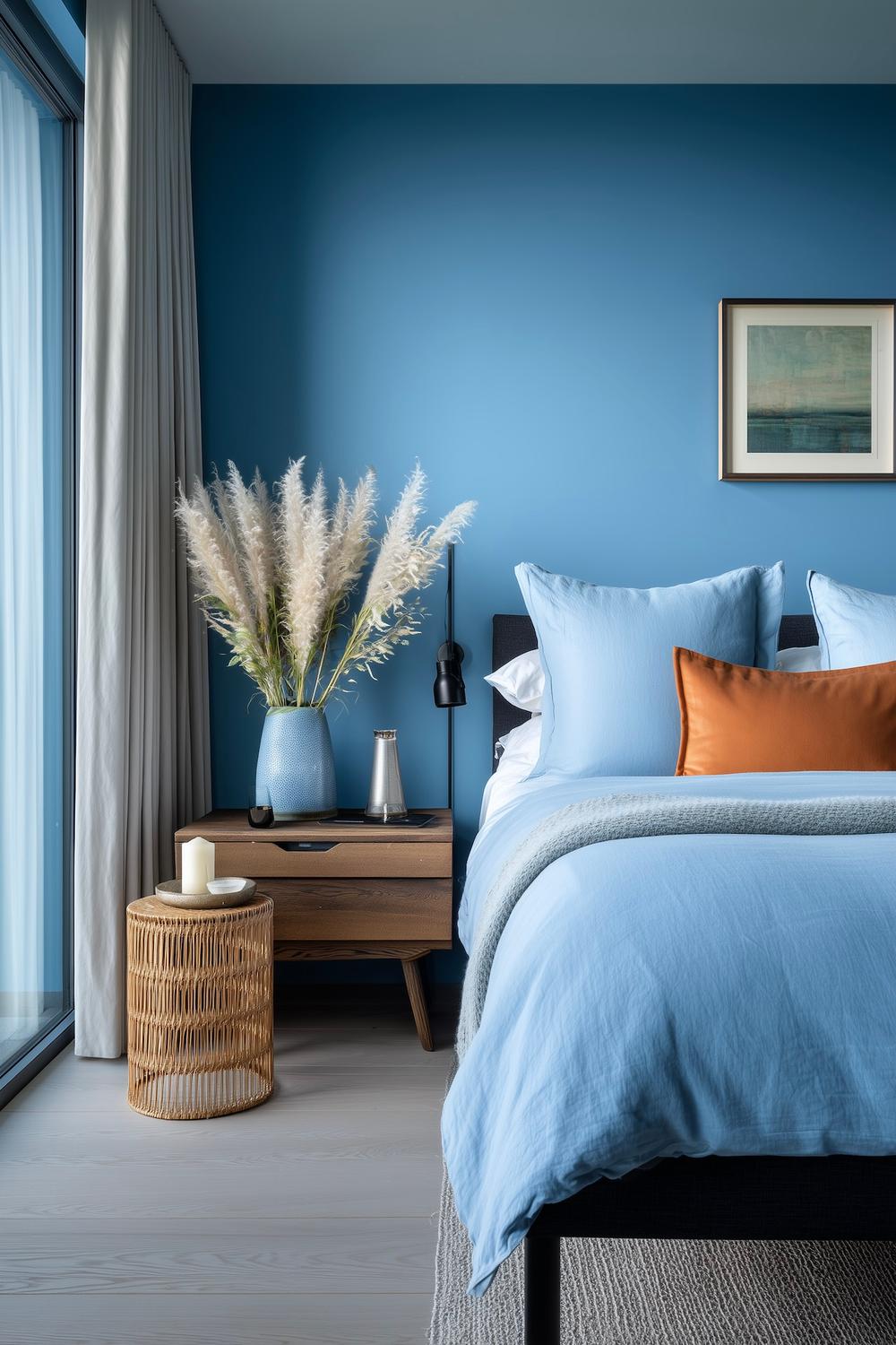 chambre bleue linge lit naturel bois