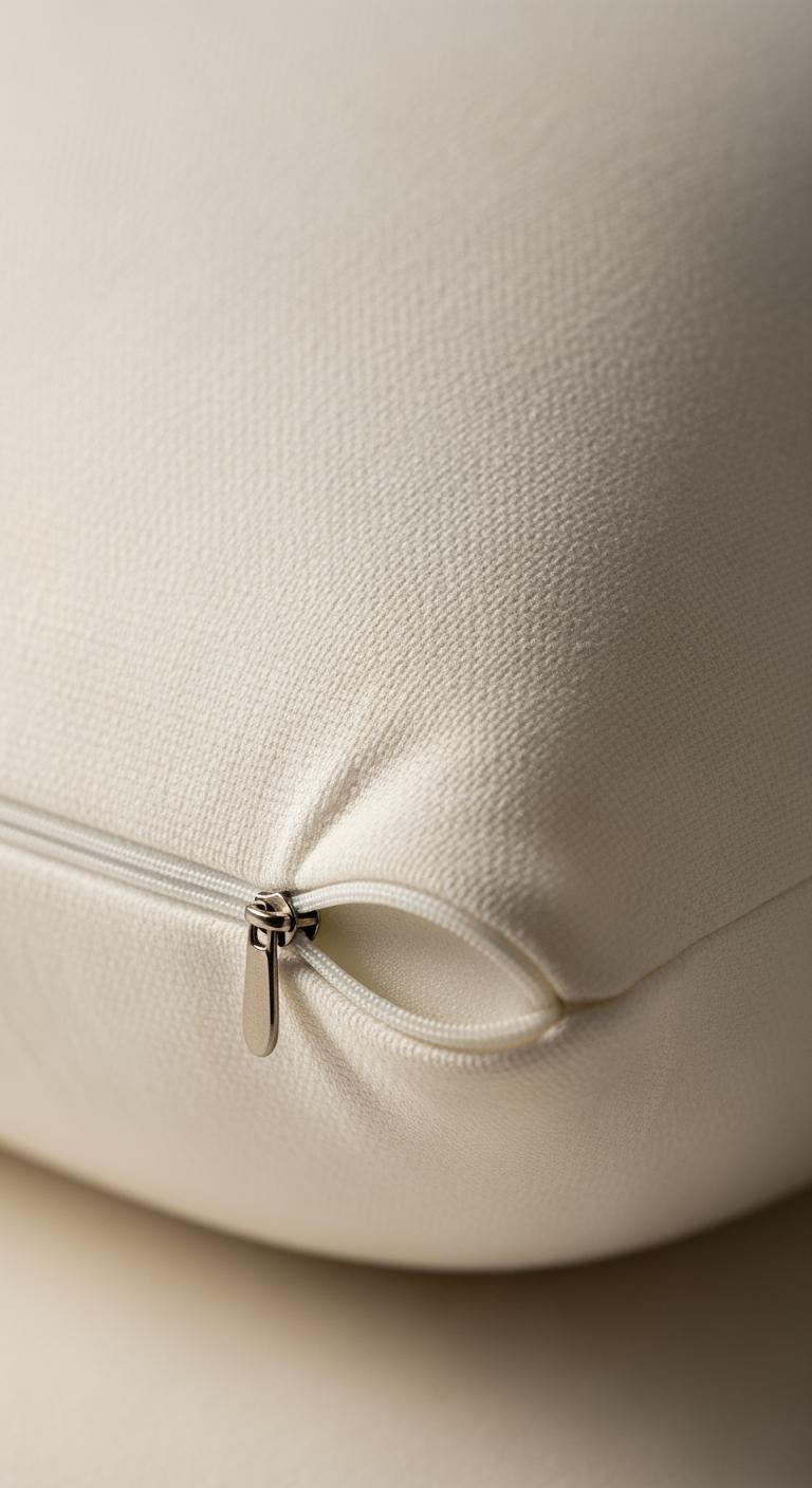 Détail de la fermeture éclair d'une housse d'oreiller de qualité, révélant la mousse à mémoire de forme à l'intérieur.