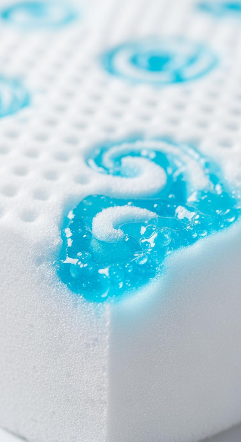 Gros plan sur la surface d'un oreiller à mémoire de forme avec une couche de gel rafraîchissant bleue intégrée.