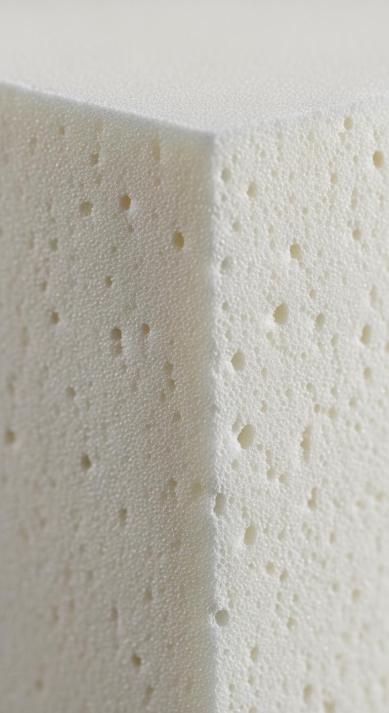 Gros plan sur la texture cellulaire et poreuse d'un bloc de mousse viscoélastique à mémoire de forme.