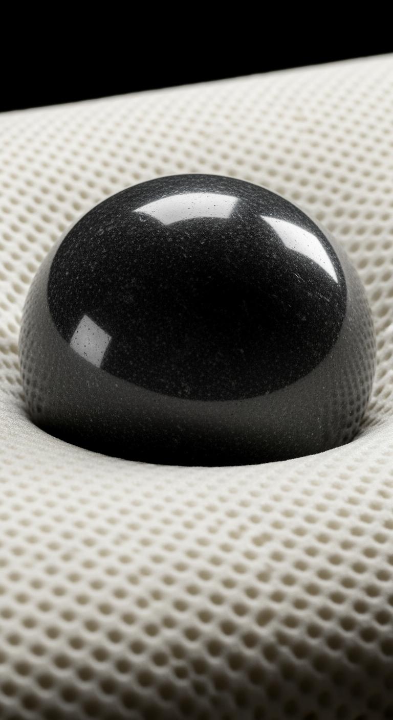 Une sphère lourde s'enfonçant légèrement dans un oreiller à mémoire de forme, illustrant sa densité et son soutien.