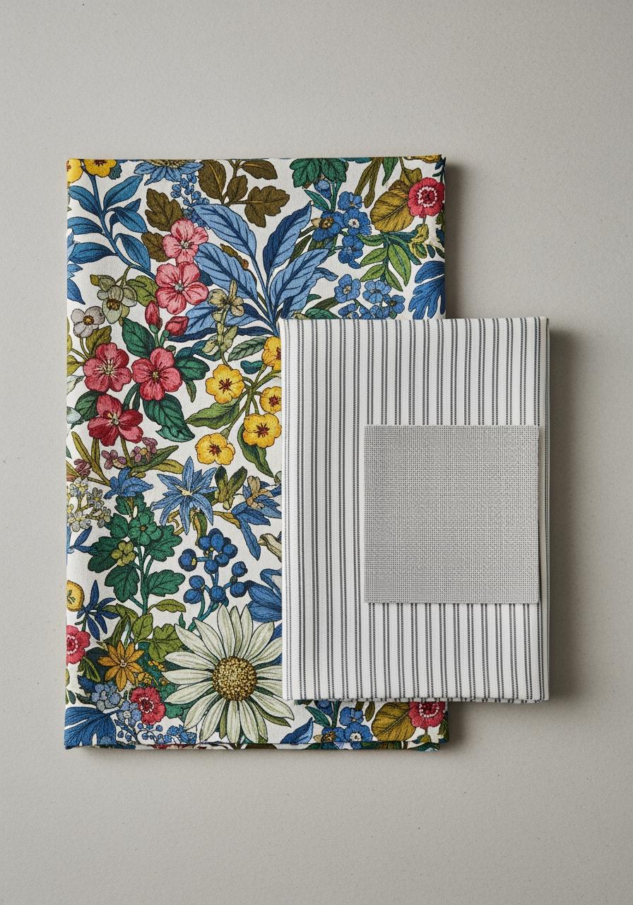 Composition à plat de trois échantillons de tissus : un grand motif botanique, un motif à rayures fines et un tissu uni texturé.