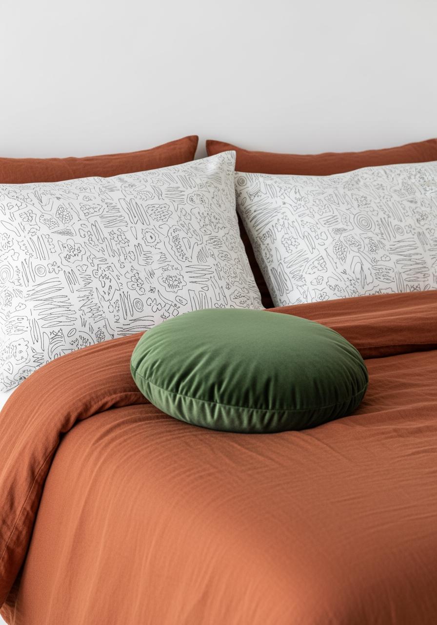 Détail d'une 'recette' de lit tendance : housse de couette terracotta, taies à motif graphique et coussin en velours vert.