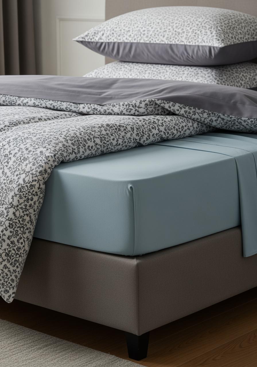 Gros plan sur la superposition des trois éléments du lit : drap-housse uni, housse de couette à motif et taies d'oreiller contrastantes.