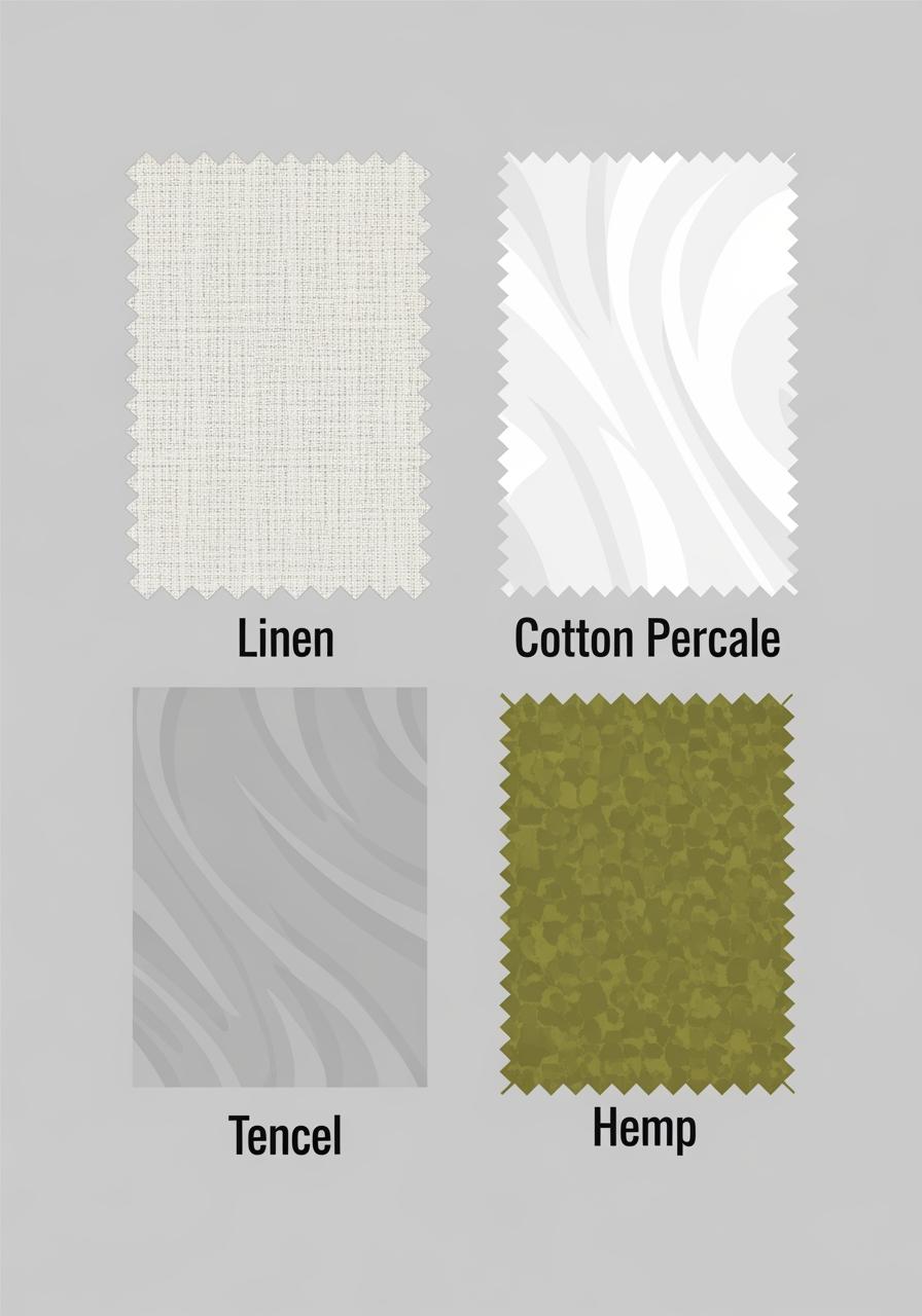 Une illustration à plat de quatre échantillons de tissus : lin, percale de coton, Tencel et chanvre, comparant leurs textures.