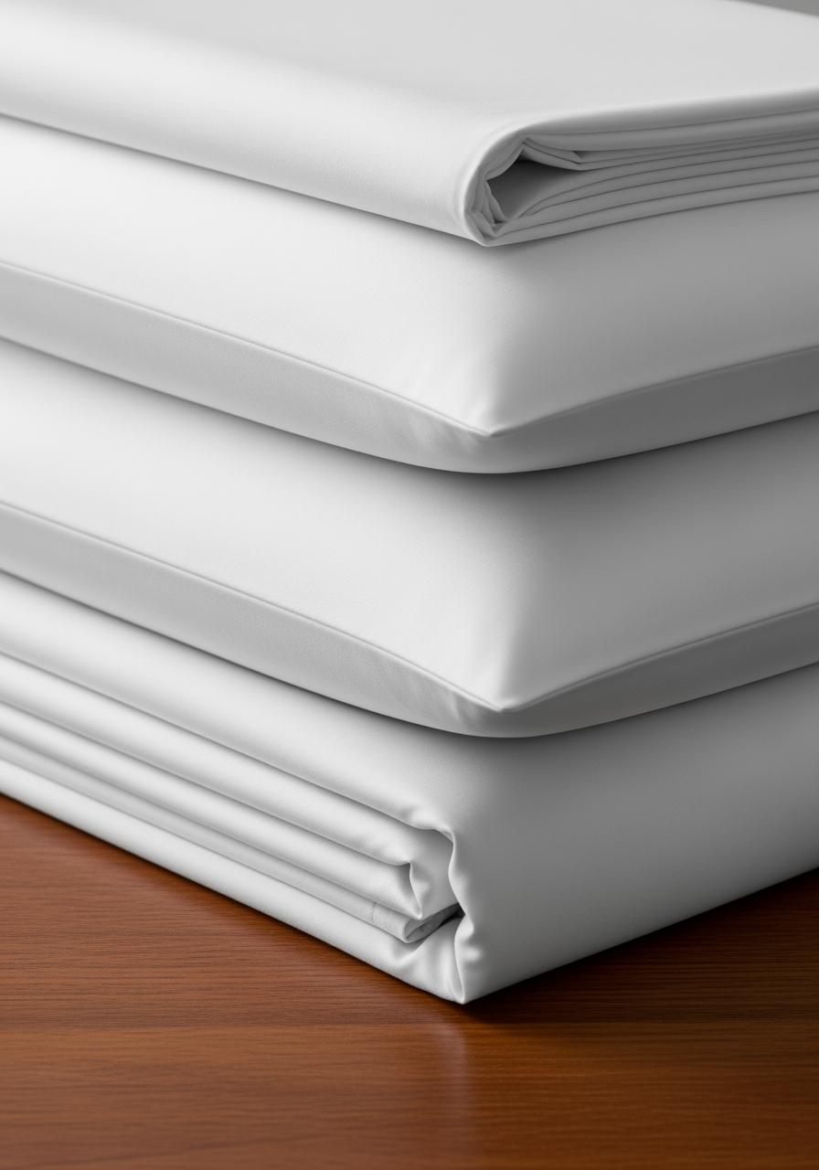 Une pile de draps en percale de coton de haute qualité, pliés avec précision, illustrant les critères de qualité du linge de lit.