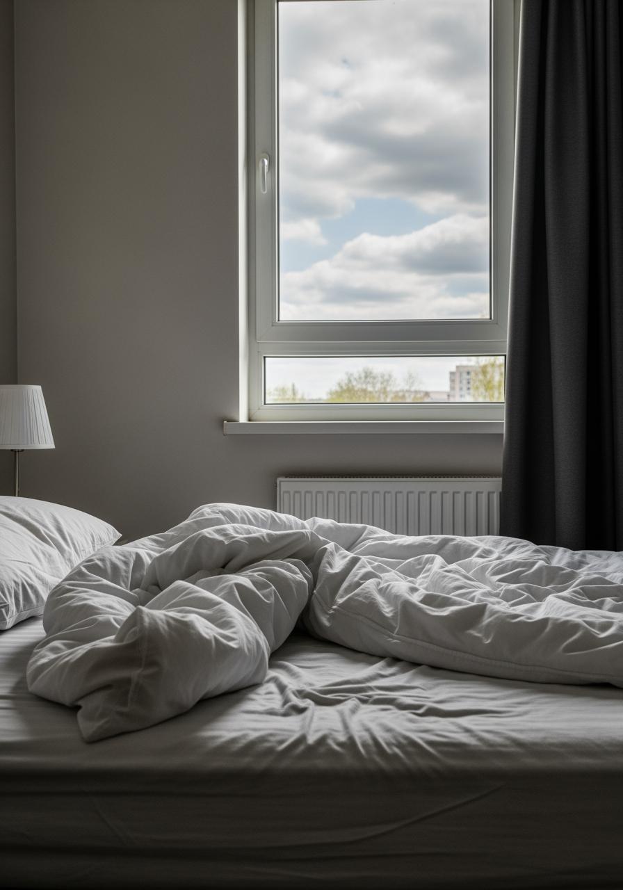 Un lit légèrement défait avec la couette repoussée, évoquant une nuit de sommeil agitée due aux variations de température.