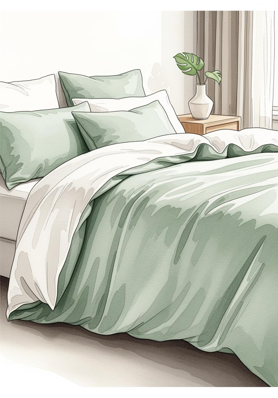 Une illustration artistique à l'aquarelle d'un lit confortable et accueillant, représentant le choix final pour des nuits parfaites en mi-saison.