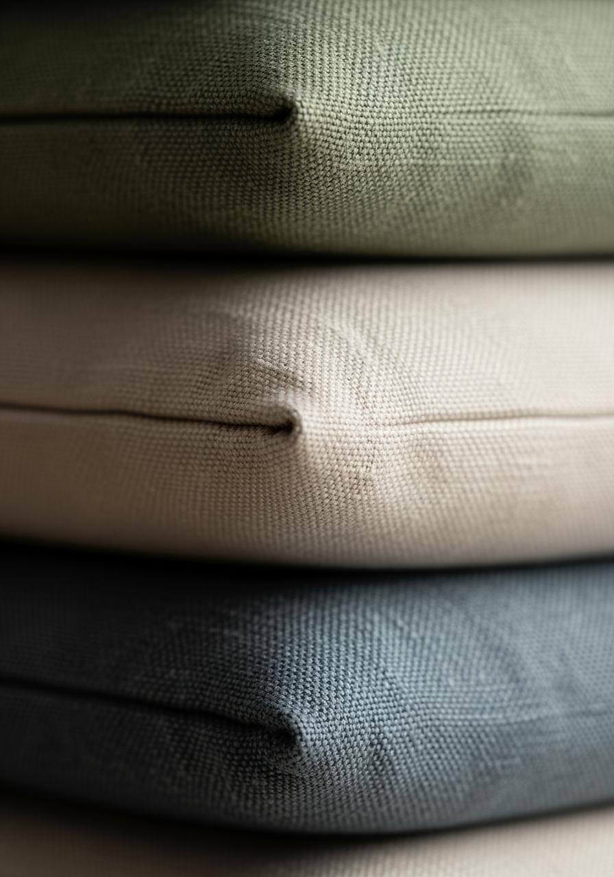 Prise de vue macro sur une pile de taies d'oreiller en lin, mettant en évidence la texture naturelle du tissu.