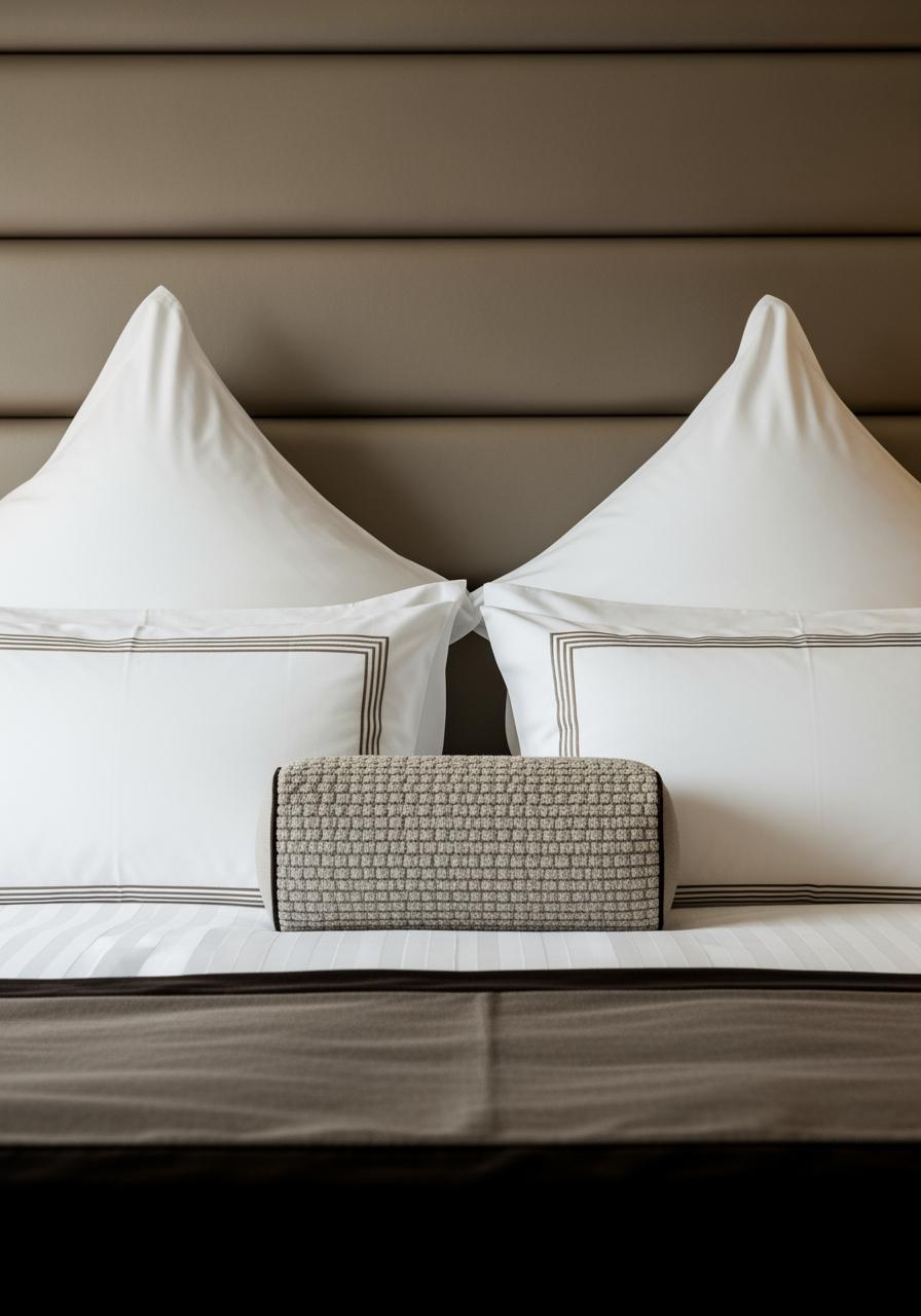 Un lit de style hôtelier avec un système d'oreillers superposés, combinant des formes carrées et rectangulaires pour le luxe.