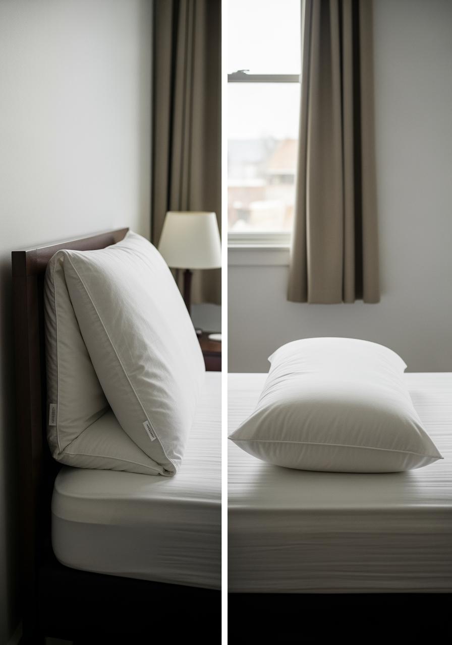 Un lit montrant la différence d'usage : un oreiller carré plié pour lire et un oreiller rectangulaire à plat pour dormir.